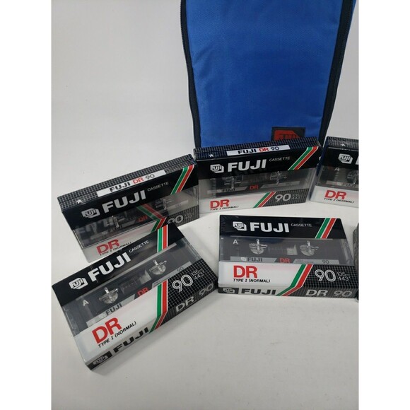 Vintage Fuji DR90 Cassette Tapes SIX NEW Sealed with Zippered Case Bag Blue - Picture 2 of 14